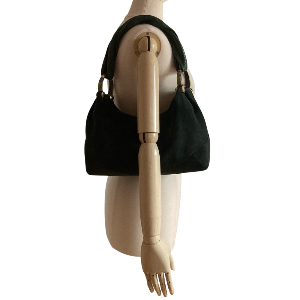LARA | Green Shoulder Bag with Suede Finish Rhinestone Trim Zipped Made in Italy